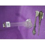 A pressed glass stem vase having HM silver collar and two manicure tools having HM silver handles