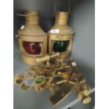 A selection of vintage nautical items including brass Sexton and Starboard and port light