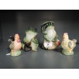A selection of vintage cruit sets hen and cock and a pair of frogs
