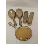 A five piece silver dressing table set having bow and swag decoration with monogram JJ, (missing
