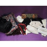 A box of vintage accessories including beaded bags, lace and calf skin gloves, dress scarves etc