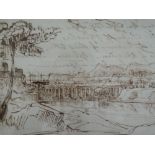 A sepia pen and ink drawing in the style of Claude, river and aquaduct with script verso in