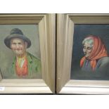 A pair of oil paintings, elderley couple, indistinctly signed, each 10in x 7.5in