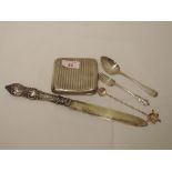 A small selection of HM silver and white metal including cake knife, cigarette case and spoons etc