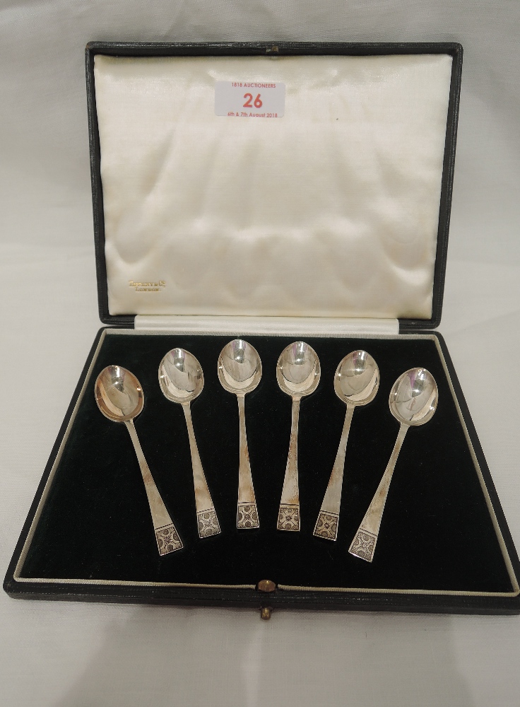 A cased set of six silver teaspoons by Tiffany & Co. London, having engraved terminals, London 1938, - Image 2 of 2