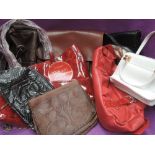 A selection of vintage bags including school satchel, evening bag, Tula leather hand bag etc