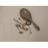 A selection of HM silver including hair brush, Apostle spoons having scalloped bowls and twist stems