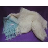 A vintage cream Scottish mohair wrap and a similar cream and blue check Scottish mohair shawl by