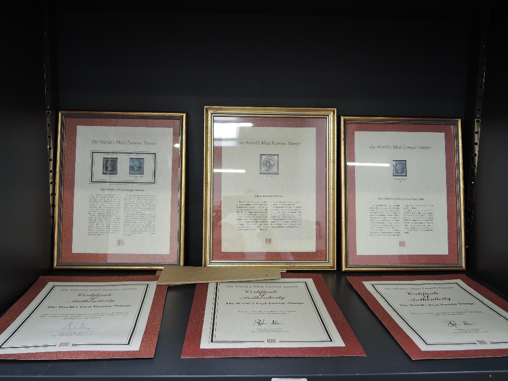 Three framed Westminster World's first postage stamps, embossed, 6d Lilac, Penny Black, and two