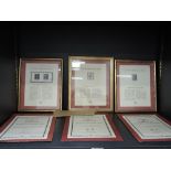 Three framed Westminster World's first postage stamps, embossed, 6d Lilac, Penny Black, and two