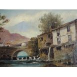 An oil painting, Alfred Montague, mountainous river and mill race, signed and dated 1896, 11in x