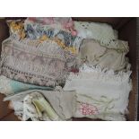 A box of linen including net, embroidered, lace etc