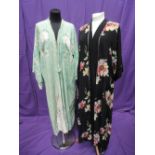 A reversible green and cream printed silk effect kimono style dressing gown having floral peony