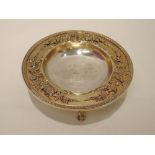 A silver gilt comport dish having moulded grape vine decoration to rim with gadrooned edge,