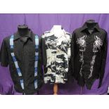 Three gents shirts including short sleeved safari print, black short sleeve with pockets and blue