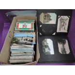 A box of several hundred mixed age postcards, plus album of U.S.A. cards