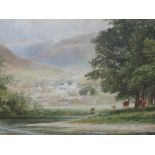 A watercolour, J Johnson, Welsh town, river and country landscape, signed and dated 1878 and