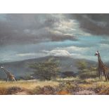 An oil painting, J. De Nooyef, Giraffe, signed, 24in 36in