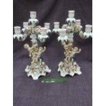 A pair of 19th century porcelain candelabrum in the style of Derby having naturalistic encrusted and