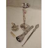 A small selection of HM silver and white metal including a stem vase, baby's rattle having mother of