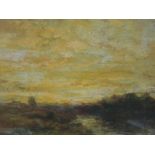 An oil painting, J F Slater, Sunset Over Windmill, signed, 10.5in x 15in