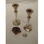 A pair of HM silver candlesticks (AF), a small silver patch box of plain circular form, Birmingham