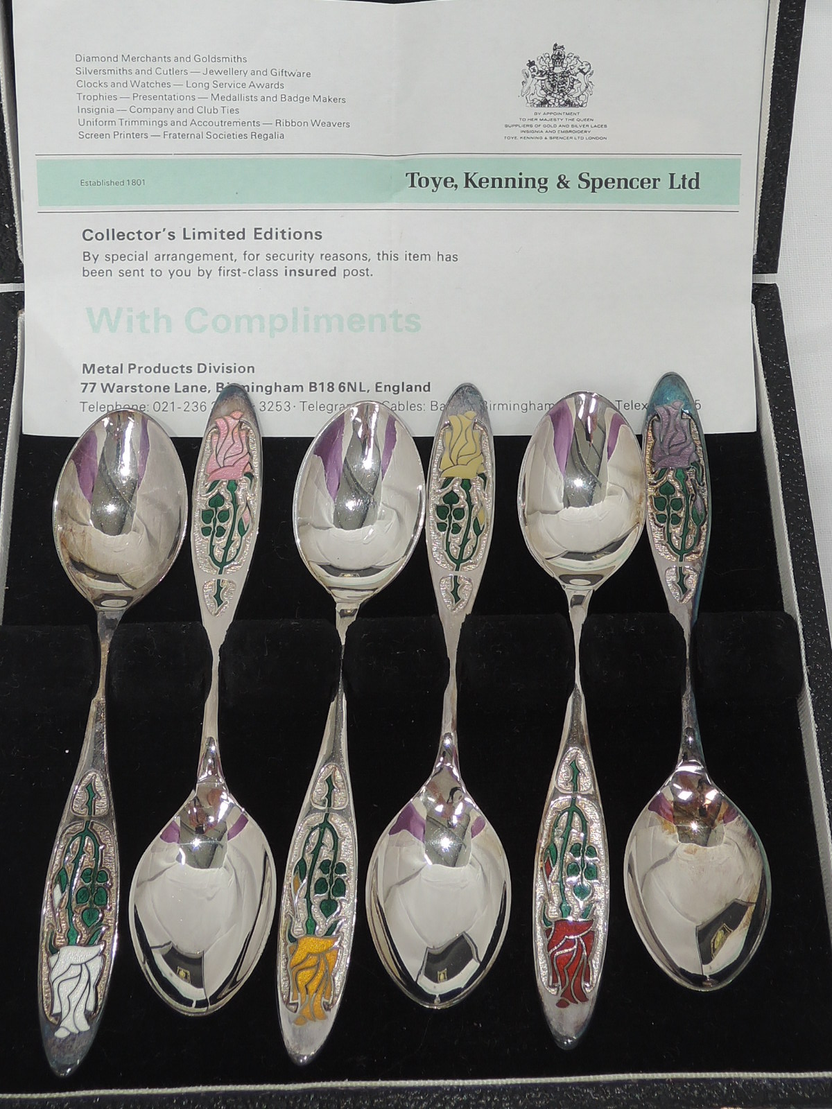 A cased set of six silver commemorative tea spoons regarding the year of the rose 1976, having - Image 2 of 2