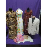 A selection of vintage 1960/70's clothing including printed jersey maxi dress by Rene Decavele