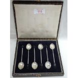 A cased set of six silver coffee spoons having coffee bean knops, Birmingham 1923 Hukin & Heath