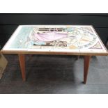 Eight vintage painted tiles of pictorial Minton style on later coffee table frame