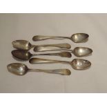 Six Georgian silver tea spoons of hanoverian form, monogrammed YWG to terminals, London 1793,