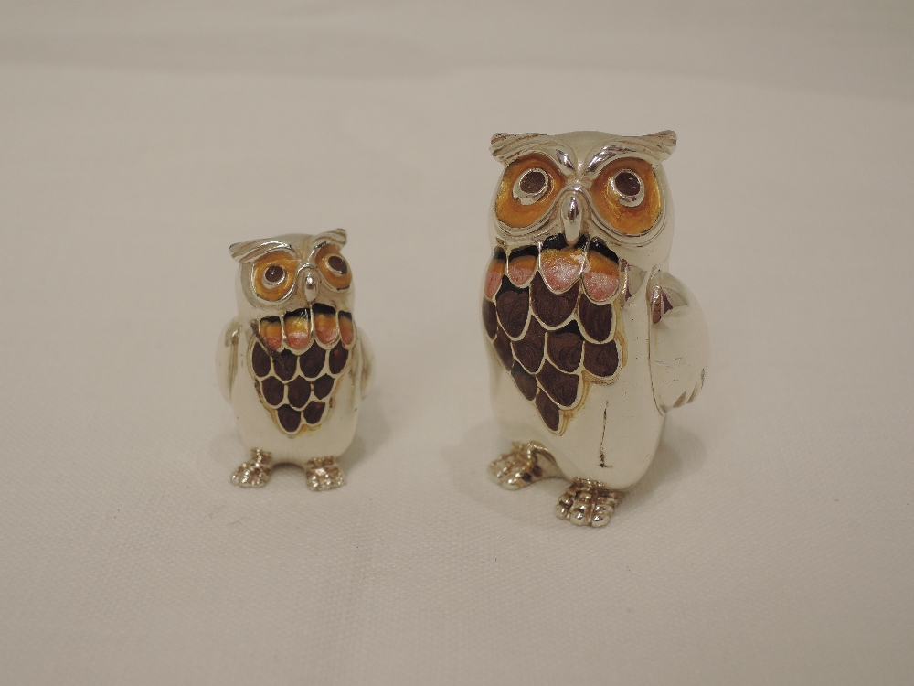Two HM silver owls having enamelled decoration