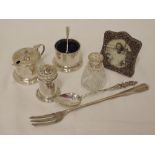 A small selection of HM silver and white metal including cruet set, small photograph frame, pickle