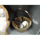 A brass jam pan, hand bell and an ebony framed hand mirror