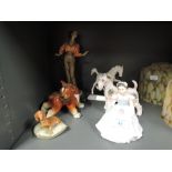 A selection of figurines and animal studies including Royal Doulton The Bridesmande