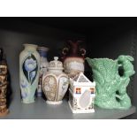 A selection of vases, a Sylvac jug, ginger jar etc