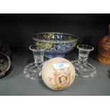 A Maling bowl, a pair of glass candles and commemorative candle holder