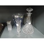 A selection of vintage cut and etched glass wares including heavy set blue vase