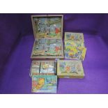 A vintage children's 20 piece wooden block puzzle set in box and two similar six block sets, both