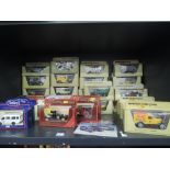 A shelf of Matchbox Models of Yesteryear and similar diecasts, all in window display boxes