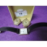 Two vintage lady's 9ct gold wrist watches by Medana and Leda, no straps, and a gold plated wrist