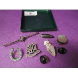 A small selection of white metal jewellery including bar brooch bearing fox mask, clip earrings etc