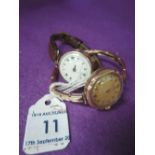 Two ladies vintage 9ct gold wrist watches of traditional style having rolled gold and leather