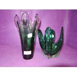 Two modernist style green glass vase