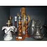 A selection of vintage lights and table lamps including ceramic and brass