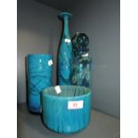 A selection of vintage aqua blue Mdina glass vase, bottles and bowl