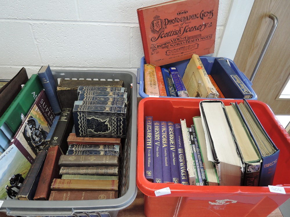 Three cartons of books, miscellany, including history, novels, reference, etc.