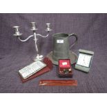 A selection of miscellaneous including pewter tankard, charger, a plated on copper candelabrum, a