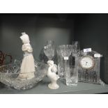 A selection of vintage glass wares and Nao, Lladro figures