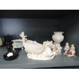 A selection of vintage figures ceramics and table centre with cherub and mythical horse